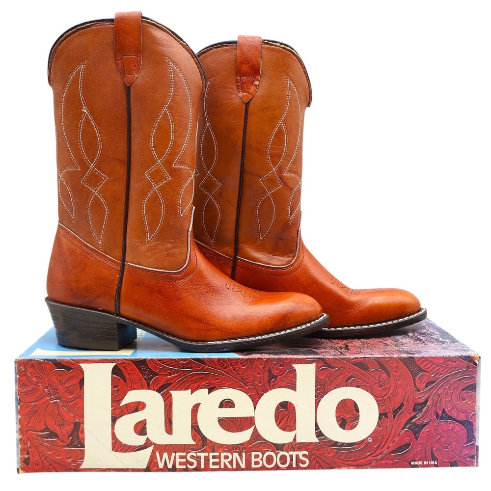 Laredo Western Boots Boys 2.5 D Vintage 90s Rust Leather Made in USA Deadstock